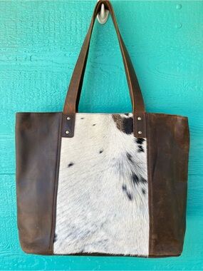 MYRA DISTRESSED BROWN LEATHER TOTE BAG WITH COW HAIR PANEL LARGE